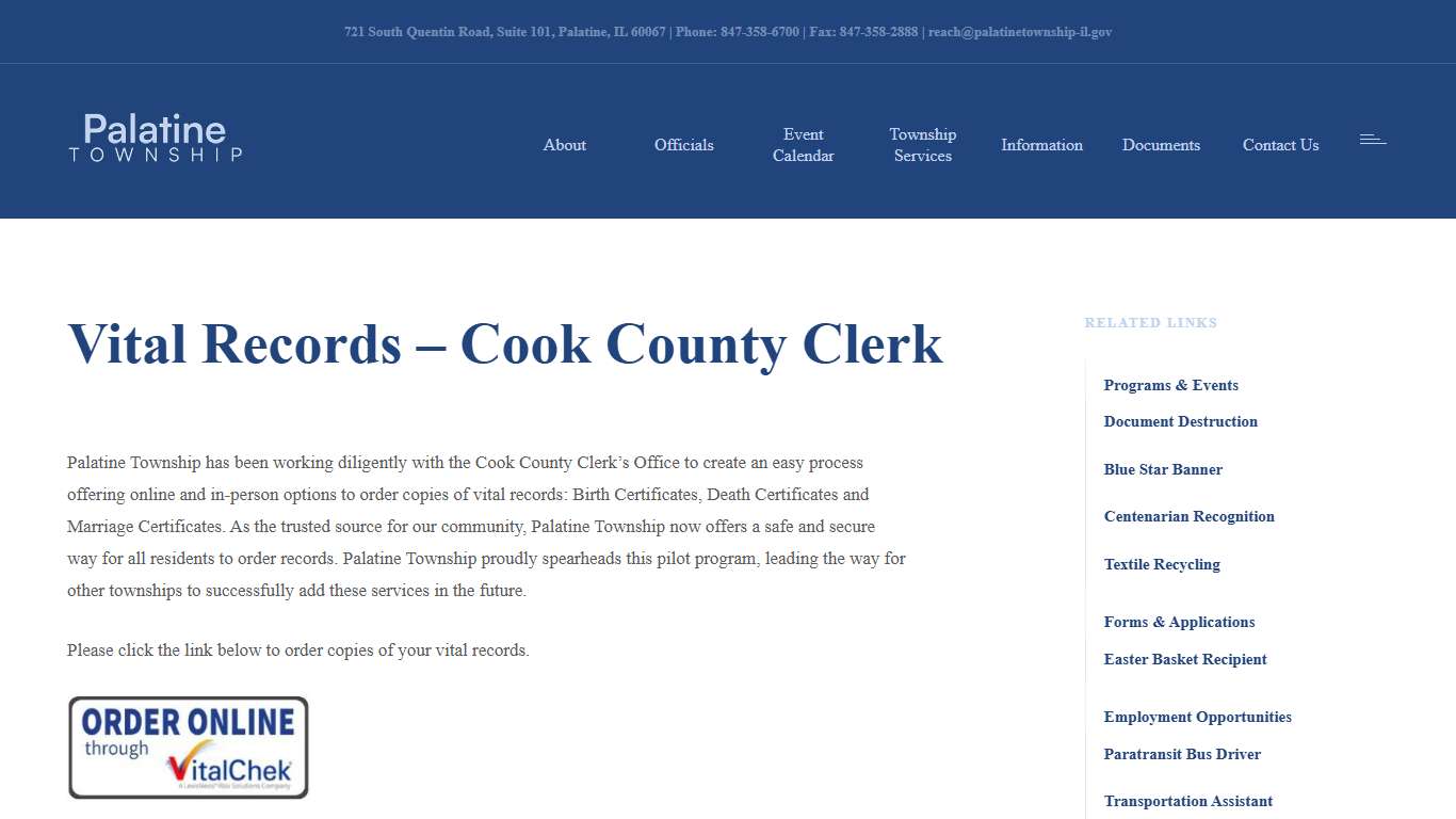 Vital Records – Cook County Clerk – Palatine Township