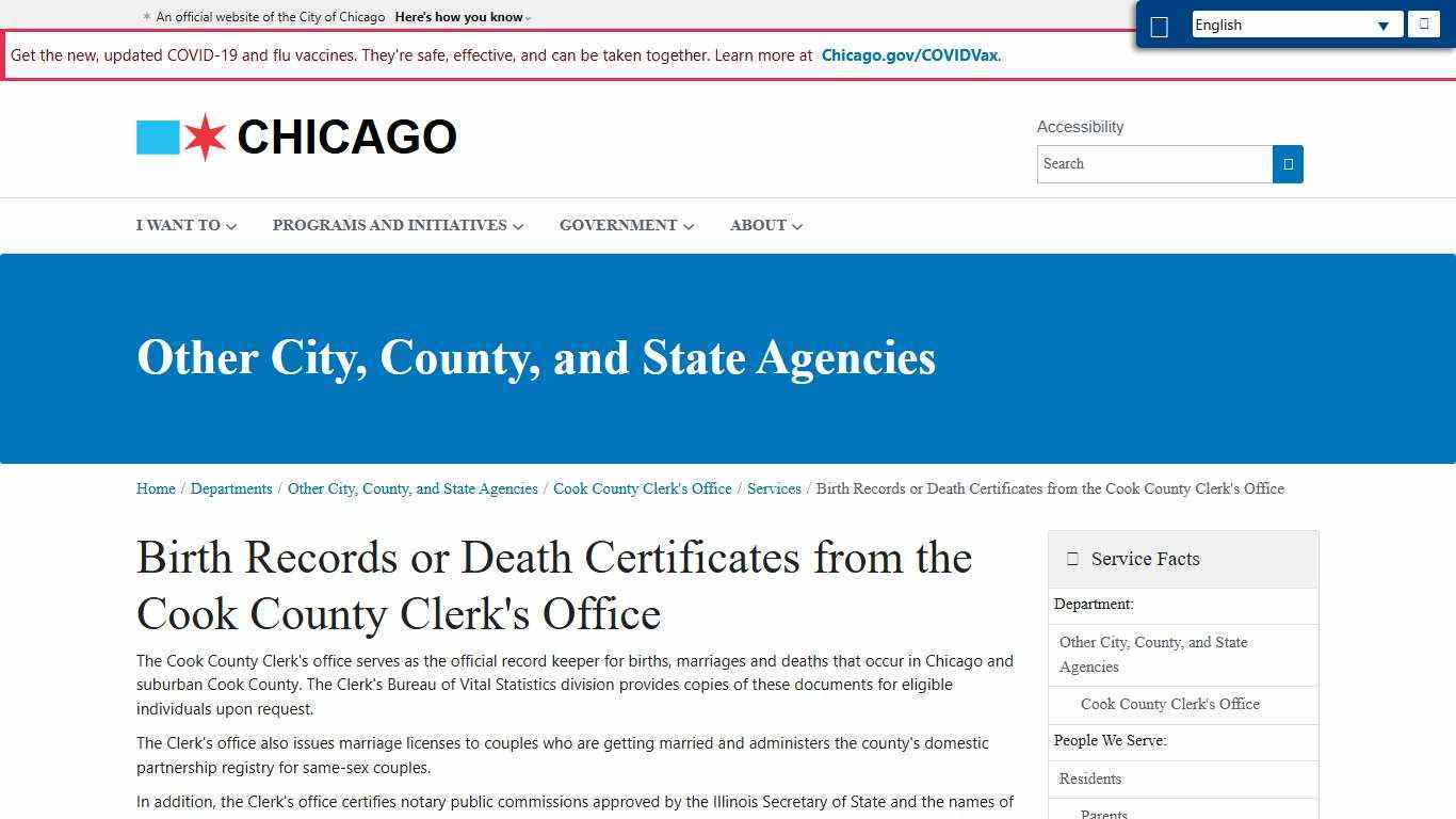 City of Chicago :: Birth Records or Death Certificates from the Cook County Clerk's Office
